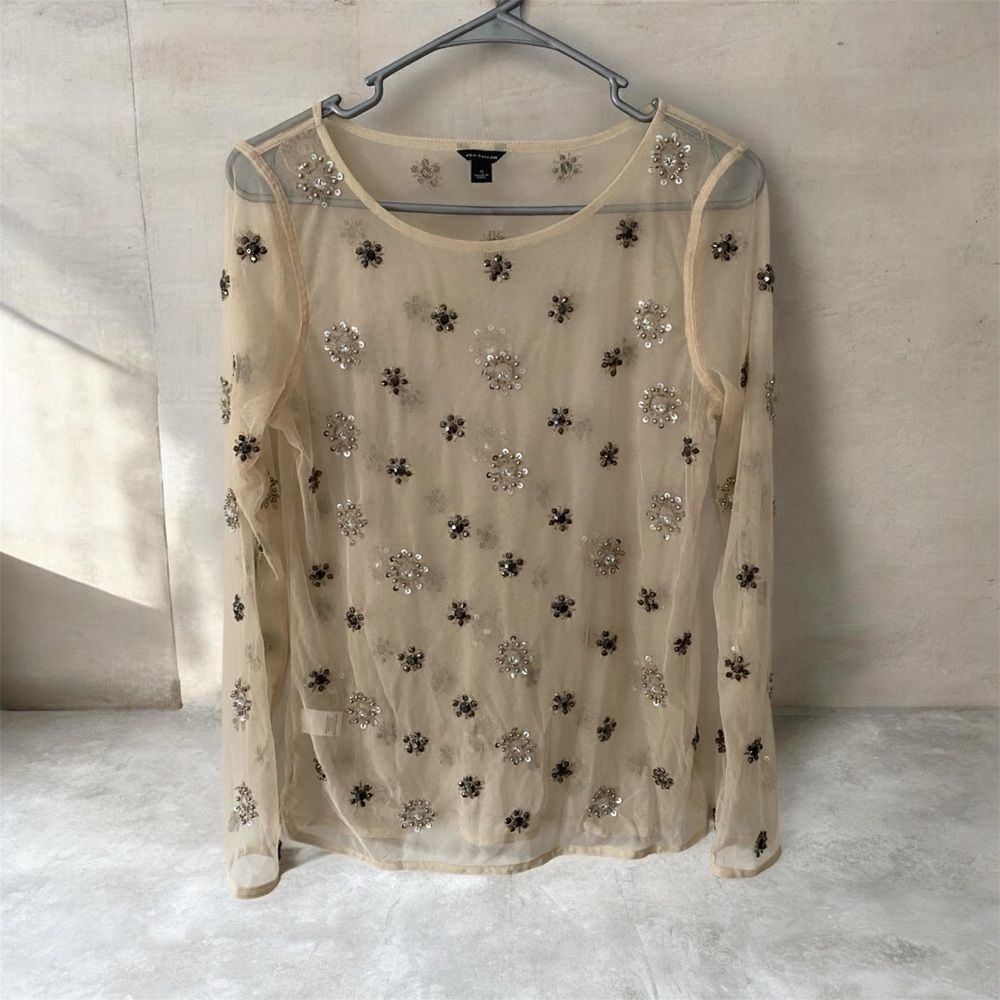 Ann Taylor Sheer Mesh Embellished Blouse - Floral Sequin & Bead Work | Size S